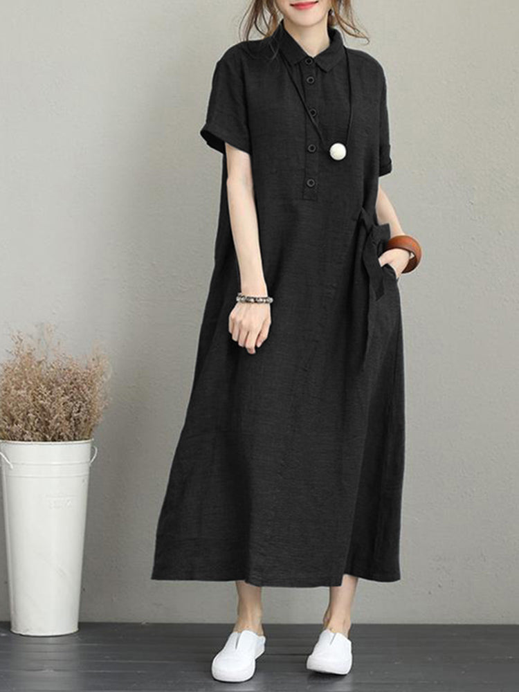 Women Casual Button Down Casual Loose Short Sleeve Dress with Pockets