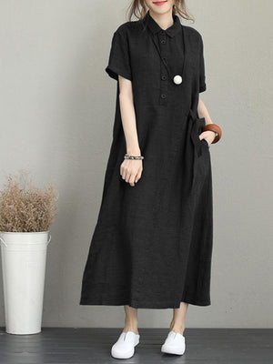 Women Casual Button Down Casual Loose Short Sleeve Dress with Pockets
