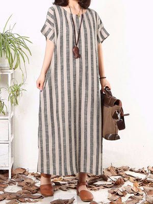 Vertical Striped Dress O-neck Short Sleeves Dresses