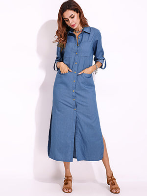 Long Sleeve Denim Shirt Dress Solid Color Turn-down Collar Button Dress