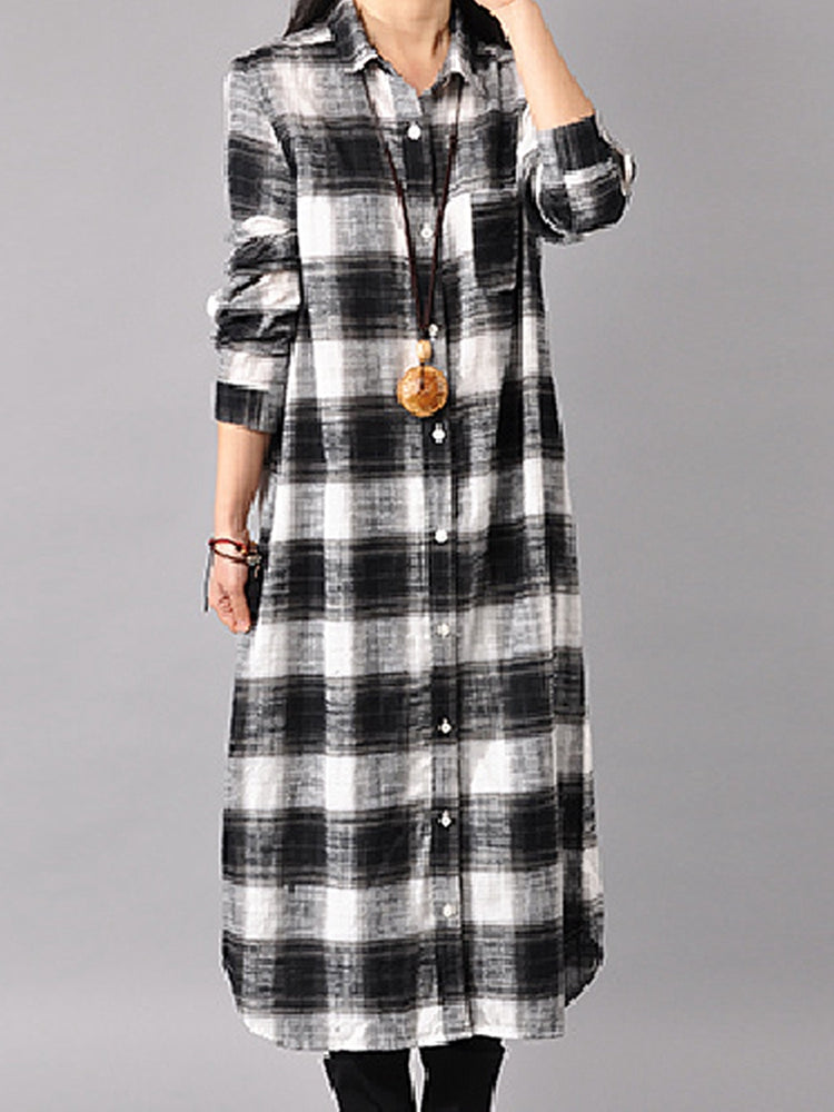 Women Button Down Plaid Shirt Dress