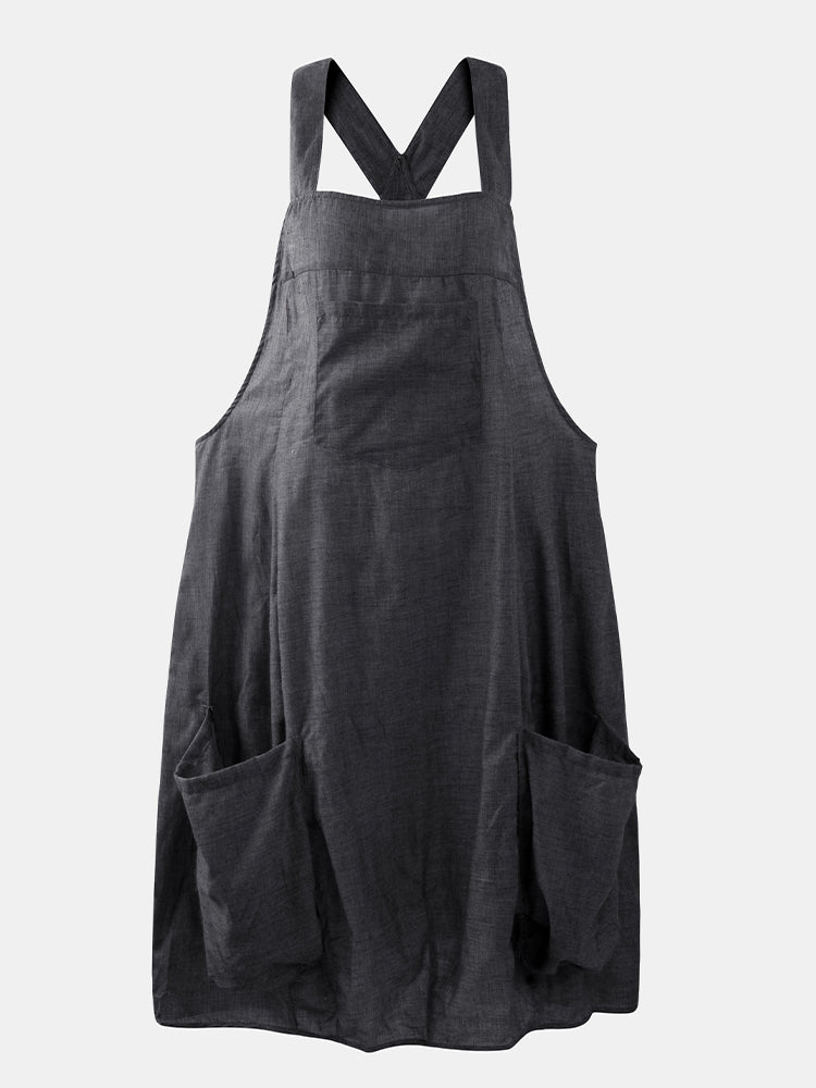 Women Straps Sleeveless Back Cross Pocket Dress Overalls