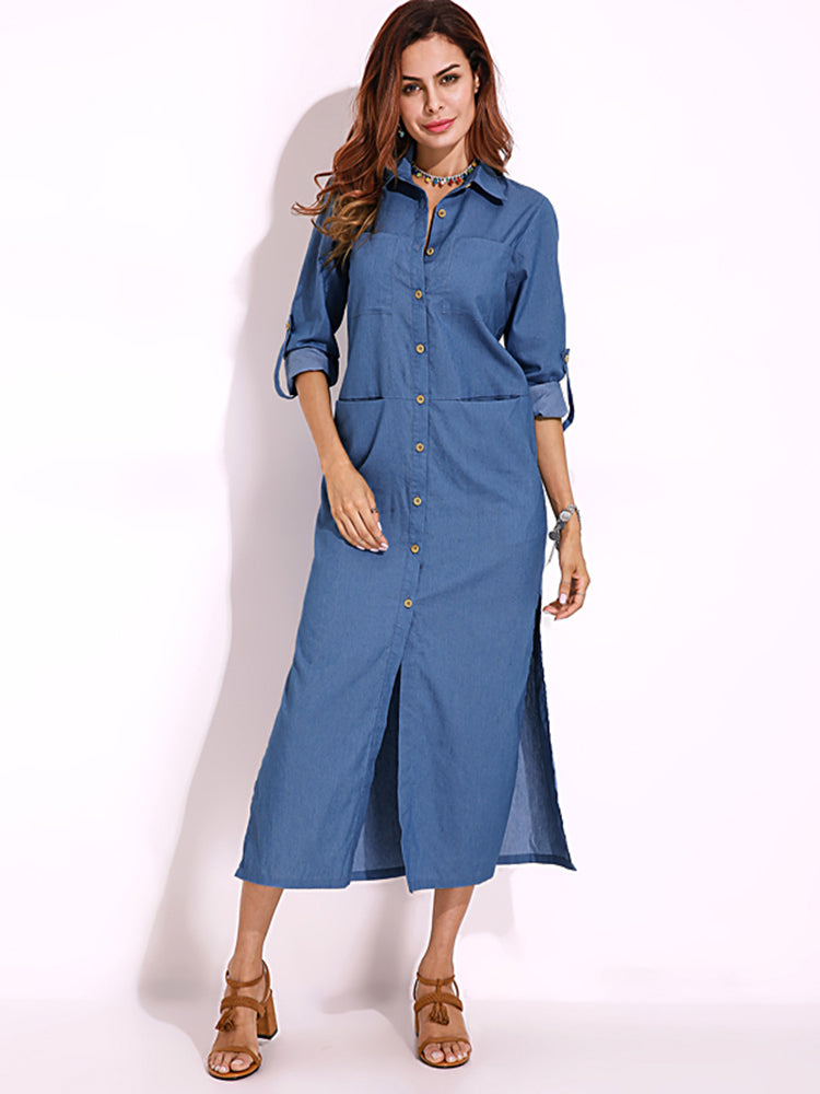 Long Sleeve Denim Shirt Dress Solid Color Turn-down Collar Button Dress