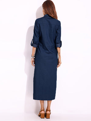 Long Sleeve Denim Shirt Dress Solid Color Turn-down Collar Button Dress
