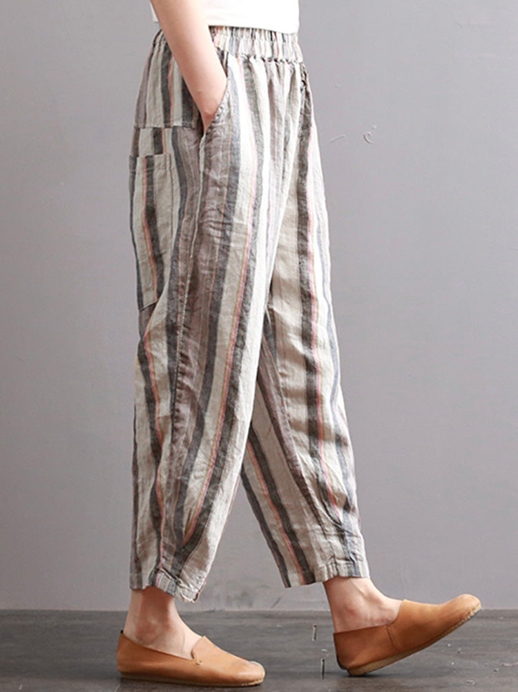 S-5XL Vintage Women Stripe Elastic Waist Radish Pants