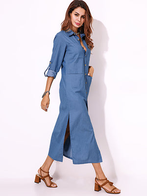 Long Sleeve Denim Shirt Dress Solid Color Turn-down Collar Button Dress