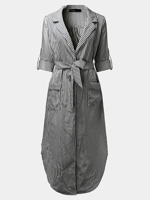 Casual Women Turndown Collar Adjustable Sleeve Side Split Striped Shirt Dresses