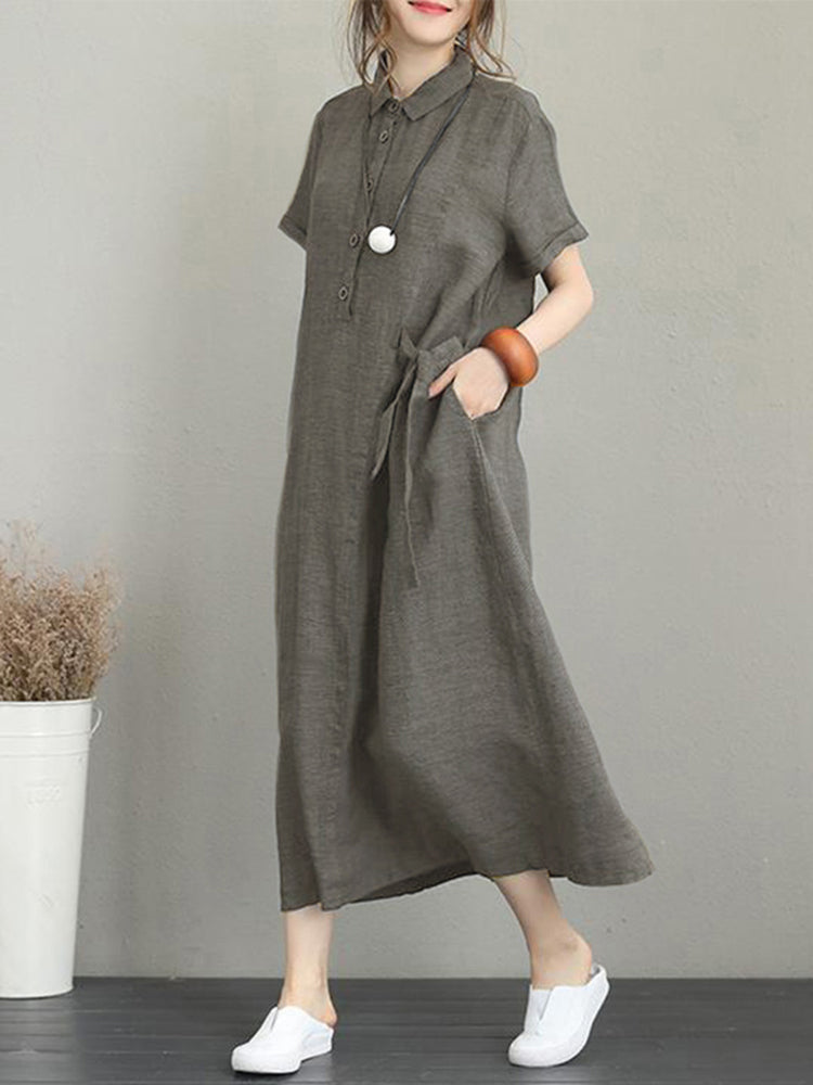 Women Casual Button Down Casual Loose Short Sleeve Dress with Pockets