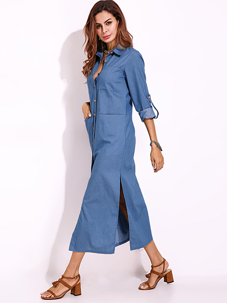 Long Sleeve Denim Shirt Dress Solid Color Turn-down Collar Button Dress