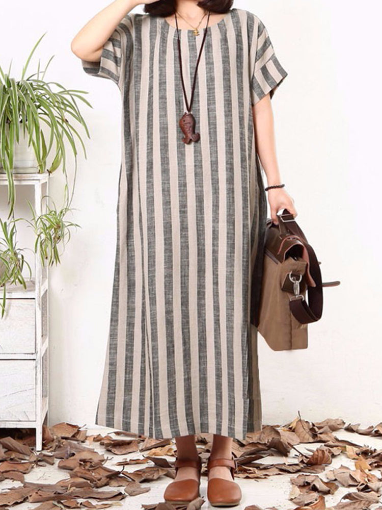 Vertical Striped Dress O-neck Short Sleeves Dresses