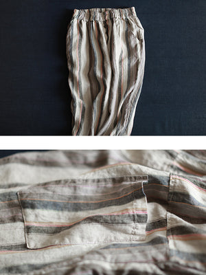 S-5XL Vintage Women Stripe Elastic Waist Radish Pants