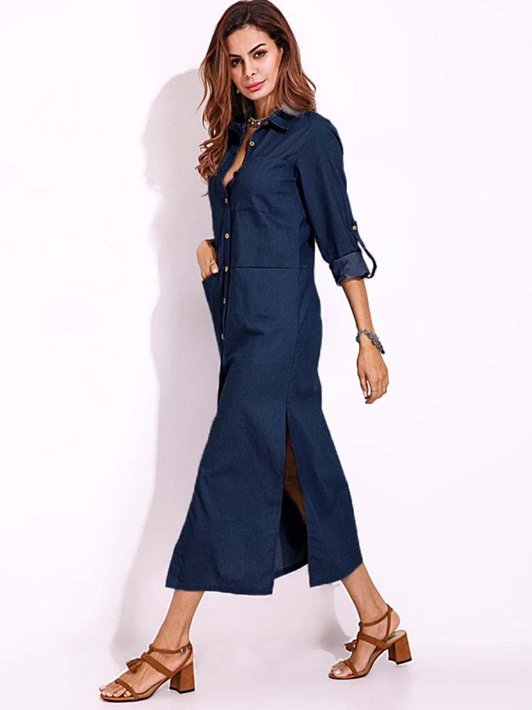 Long Sleeve Denim Shirt Dress Solid Color Turn-down Collar Button Dress