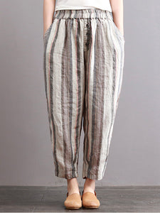S-5XL Vintage Women Stripe Elastic Waist Radish Pants