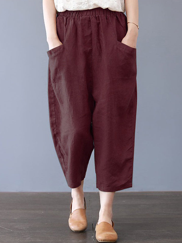 Plus Size Women Cotton Loose Harem Pants with Pockets