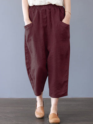 Plus Size Women Cotton Loose Harem Pants with Pockets