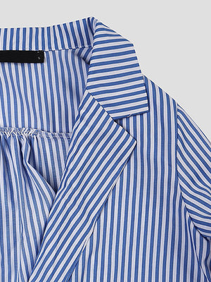 Casual Women Turndown Collar Adjustable Sleeve Side Split Striped Shirt Dresses