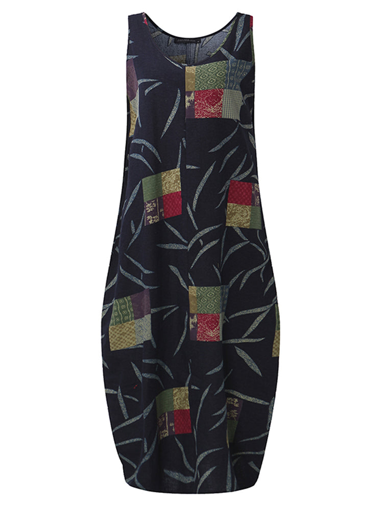 Loose Lantern Sleeveless Vintage Printed Maxi Dress For Women