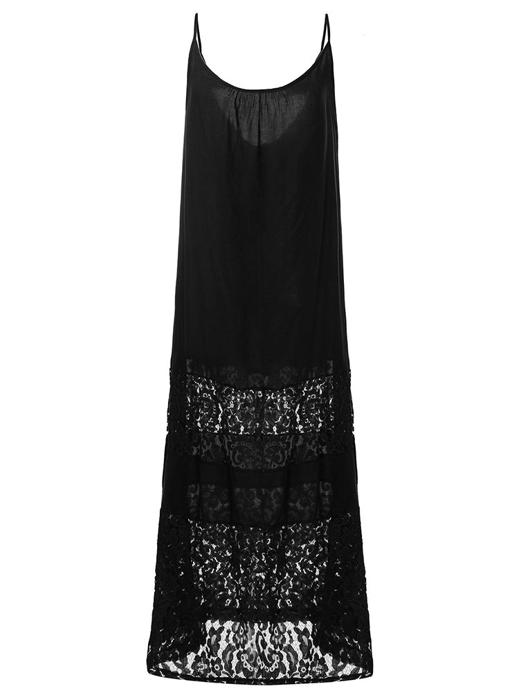 Women White Strap Lace Crochet Patchwork Beach Maxi Dress