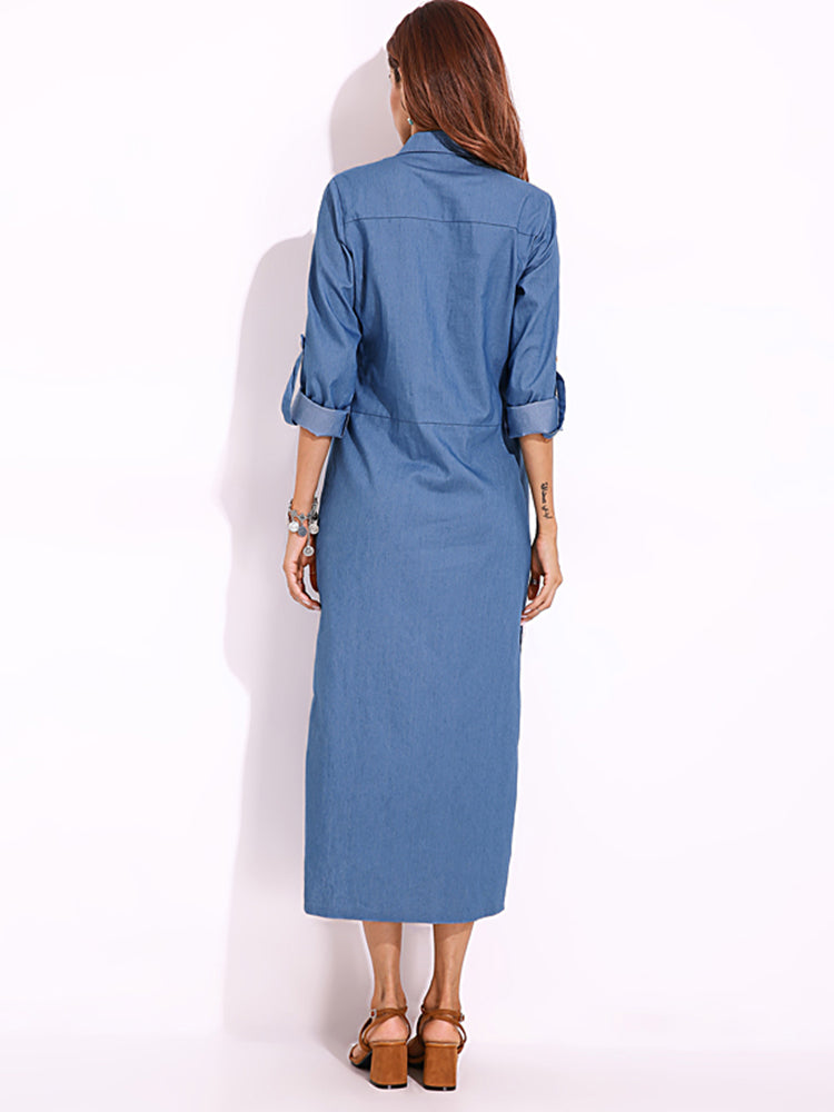 Long Sleeve Denim Shirt Dress Solid Color Turn-down Collar Button Dress