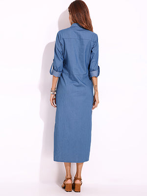 Long Sleeve Denim Shirt Dress Solid Color Turn-down Collar Button Dress