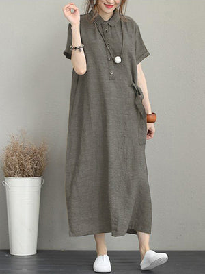 Women Casual Button Down Casual Loose Short Sleeve Dress with Pockets
