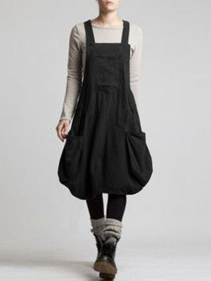 Women Straps Sleeveless Back Cross Pocket Dress Overalls