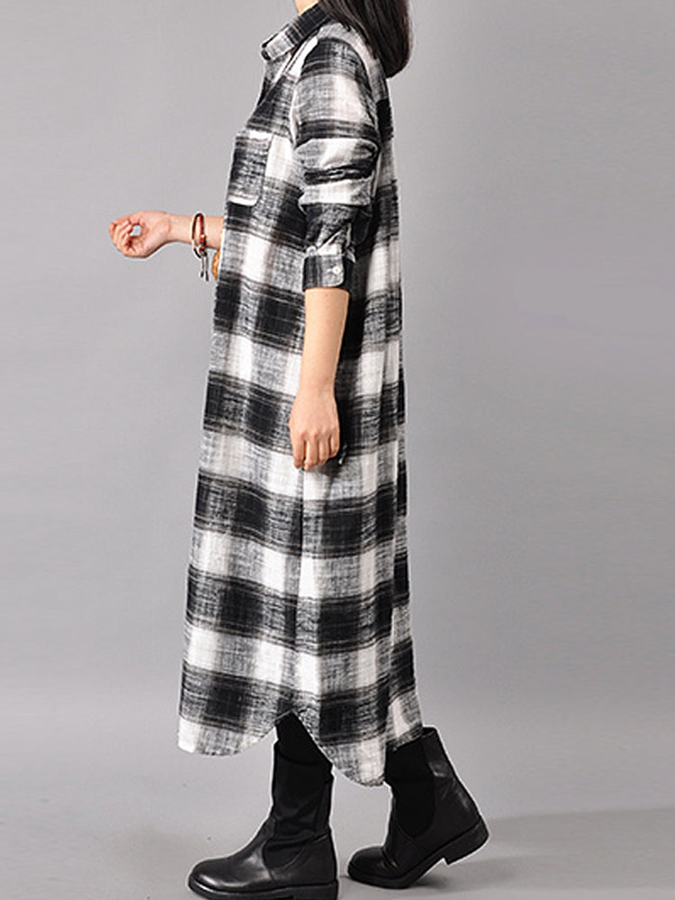 Women Button Down Plaid Shirt Dress