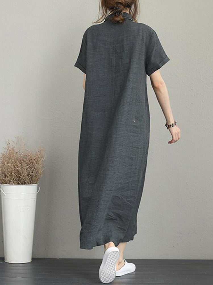 Women Casual Button Down Casual Loose Short Sleeve Dress with Pockets