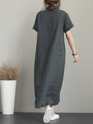 Women Casual Button Down Casual Loose Short Sleeve Dress with Pockets