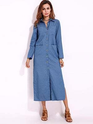 Long Sleeve Denim Shirt Dress Solid Color Turn-down Collar Button Dress