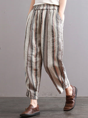 S-5XL Vintage Women Stripe Elastic Waist Radish Pants
