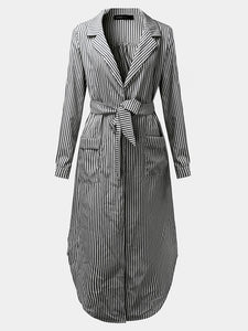 Casual Women Turndown Collar Adjustable Sleeve Side Split Striped Shirt Dresses