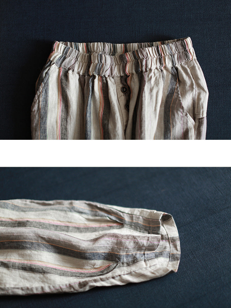 S-5XL Vintage Women Stripe Elastic Waist Radish Pants