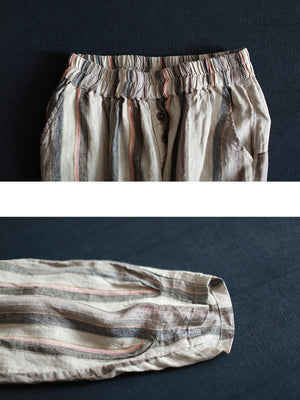 S-5XL Vintage Women Stripe Elastic Waist Radish Pants