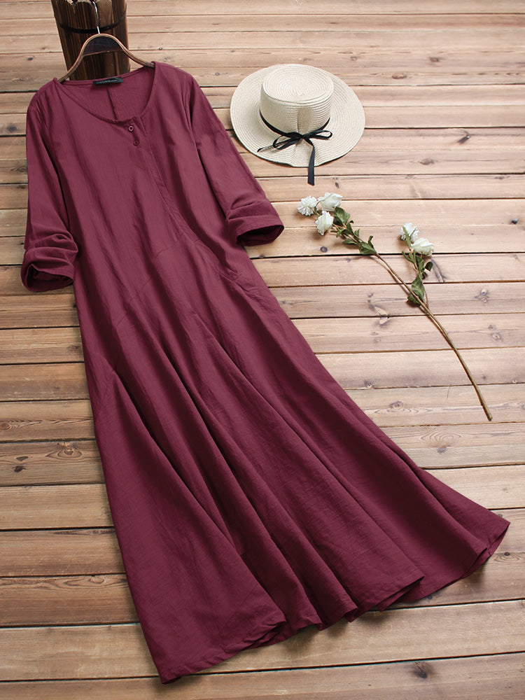 Vintage Women Cotton O-Neck Solid Color Irregular Hem Maxi Dress