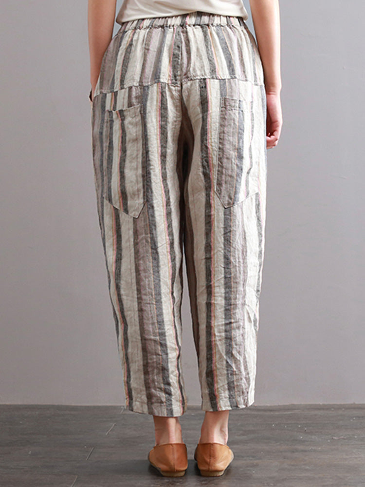 S-5XL Vintage Women Stripe Elastic Waist Radish Pants