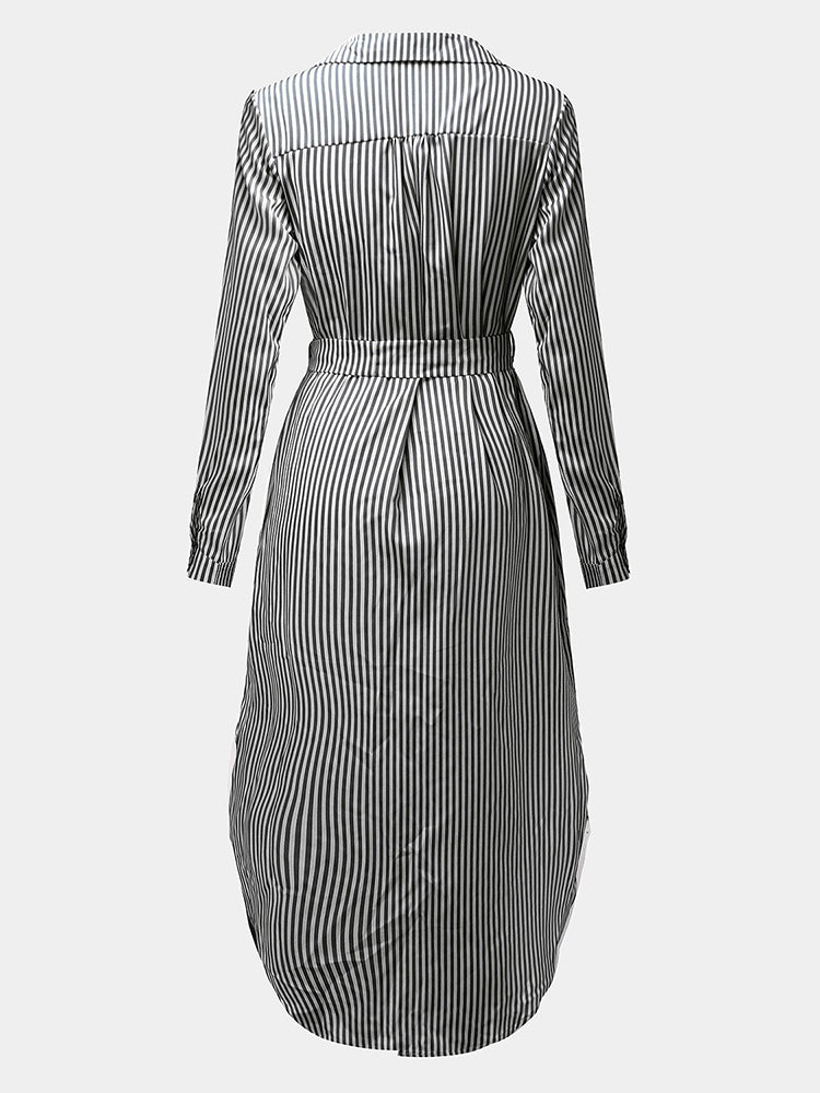 Casual Women Turndown Collar Adjustable Sleeve Side Split Striped Shirt Dresses
