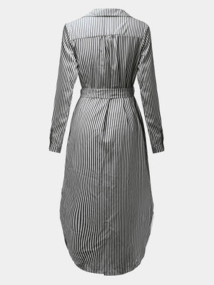 Casual Women Turndown Collar Adjustable Sleeve Side Split Striped Shirt Dresses