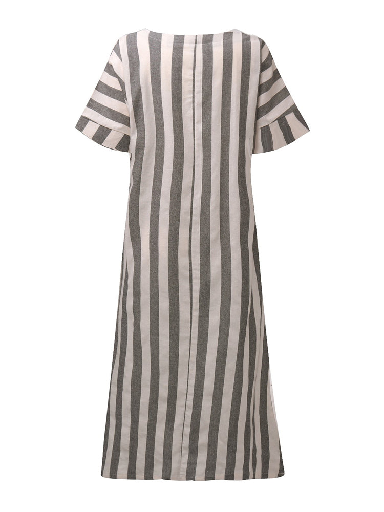 Vertical Striped Dress O-neck Short Sleeves Dresses