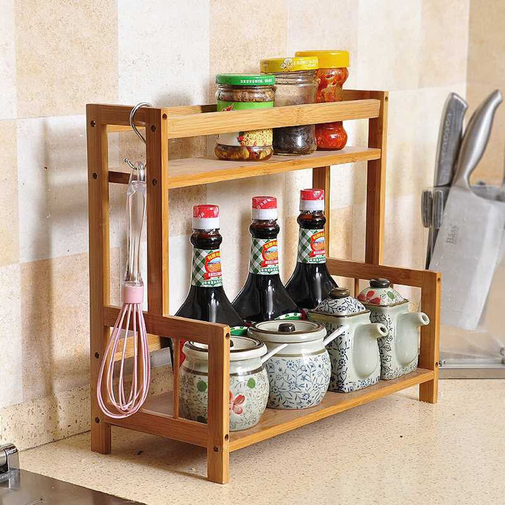 2/3 Tier Spice Herbs Jars Rack Holders Stand Natural Bamboo Wood Wall Mounted Storage for Kitchen Counter