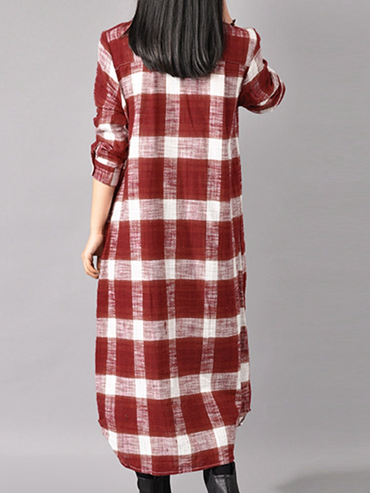 Women Button Down Plaid Shirt Dress