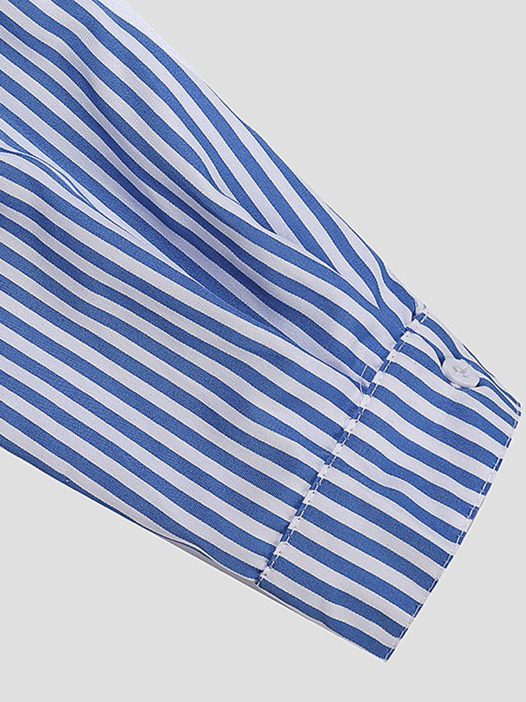 Casual Women Turndown Collar Adjustable Sleeve Side Split Striped Shirt Dresses