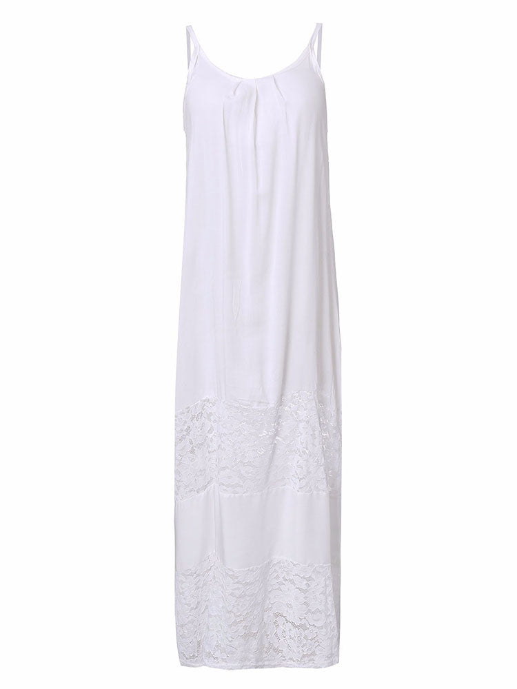 Women White Strap Lace Crochet Patchwork Beach Maxi Dress