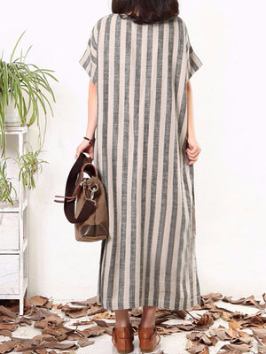 Vertical Striped Dress O-neck Short Sleeves Dresses