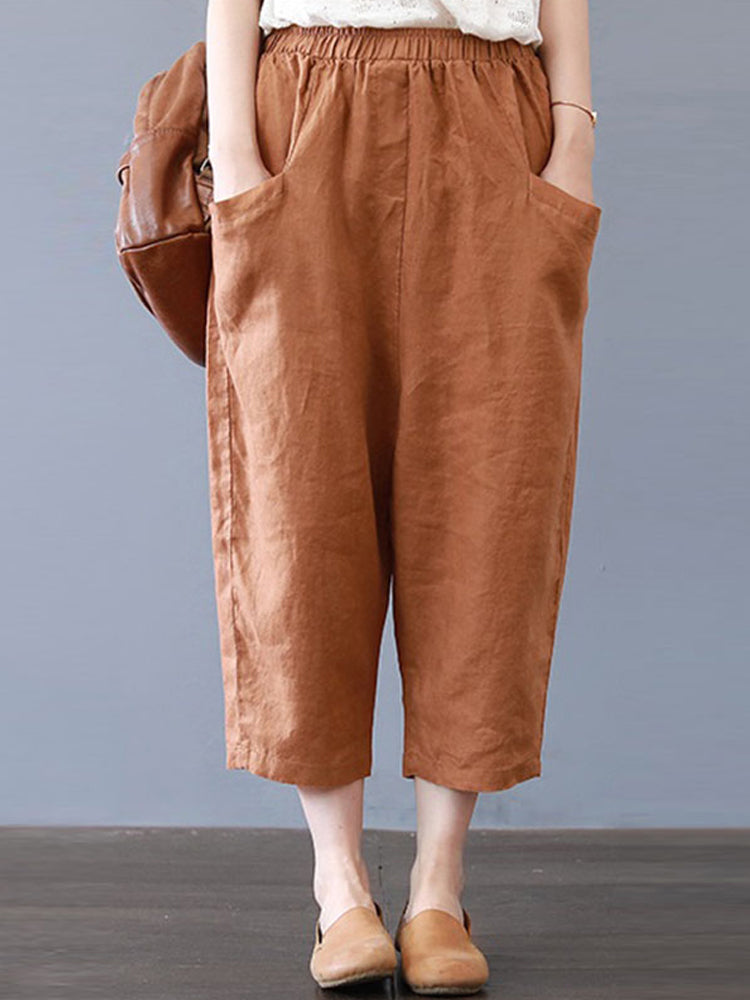 Plus Size Women Cotton Loose Harem Pants with Pockets