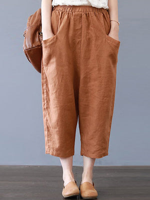 Plus Size Women Cotton Loose Harem Pants with Pockets