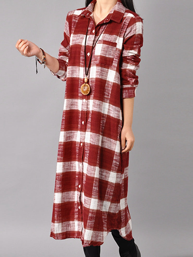 Women Button Down Plaid Shirt Dress