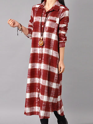 Women Button Down Plaid Shirt Dress