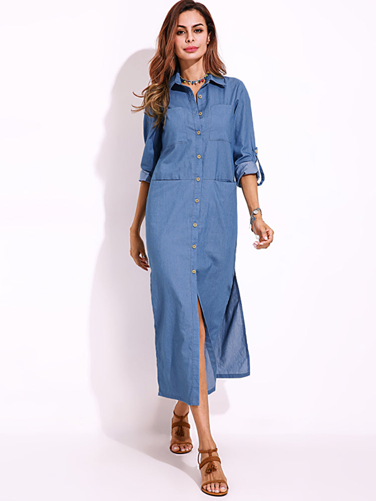 Long Sleeve Denim Shirt Dress Solid Color Turn-down Collar Button Dress