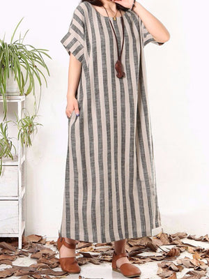 Vertical Striped Dress O-neck Short Sleeves Dresses